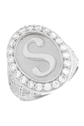 14k White Gold Mens Oval Halo White CZ Initial Letter S Ring
