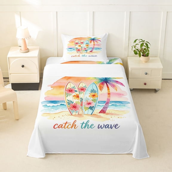 jejeloiu Watercolor Surfboard Twin Sheets For Girls,Beach Print Bedding,Multicolor,3-Piece,1 Fitted Sheet and 1 Pillowcase