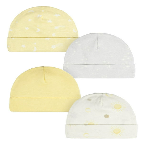 Gerber Gorro Algodón Orgánico Recién Nacido Pack 4 Suaves Colores Gris Amarillo