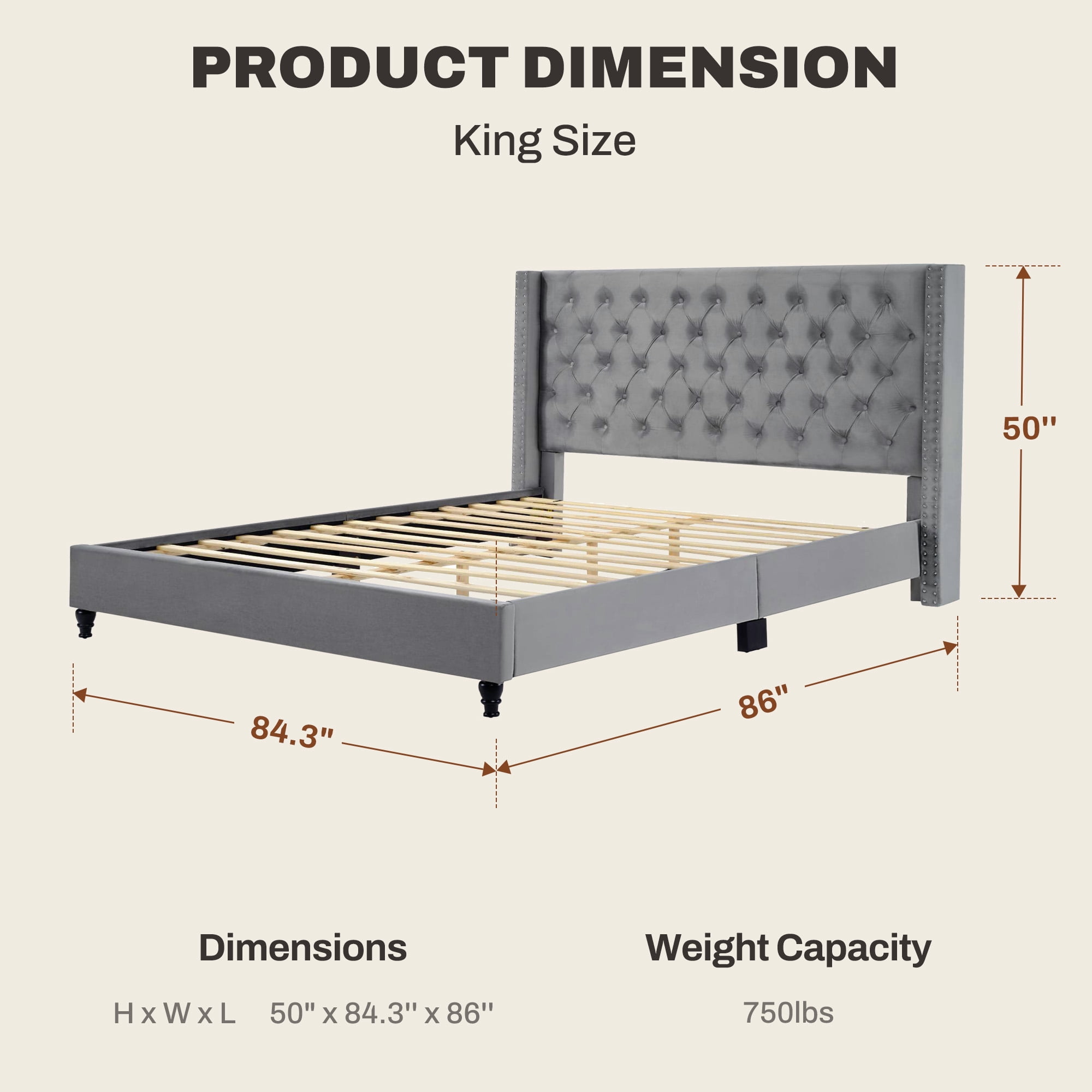 FlexiSpot King Size Upholstered Platform Bed Frame with Tall Tufted Wingback Headboard, Soft Fabric Upholstery, Solid Wood & Center Support Legs, Noise-Free Structure, 750lbs Heavy-Duty