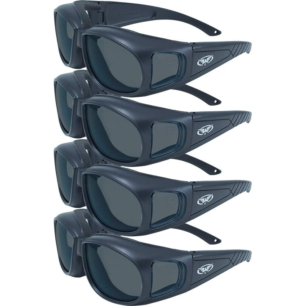 Four (4) Motorcycle Safety Sunglasses Fits Over Rx Glasses Smoke Meets