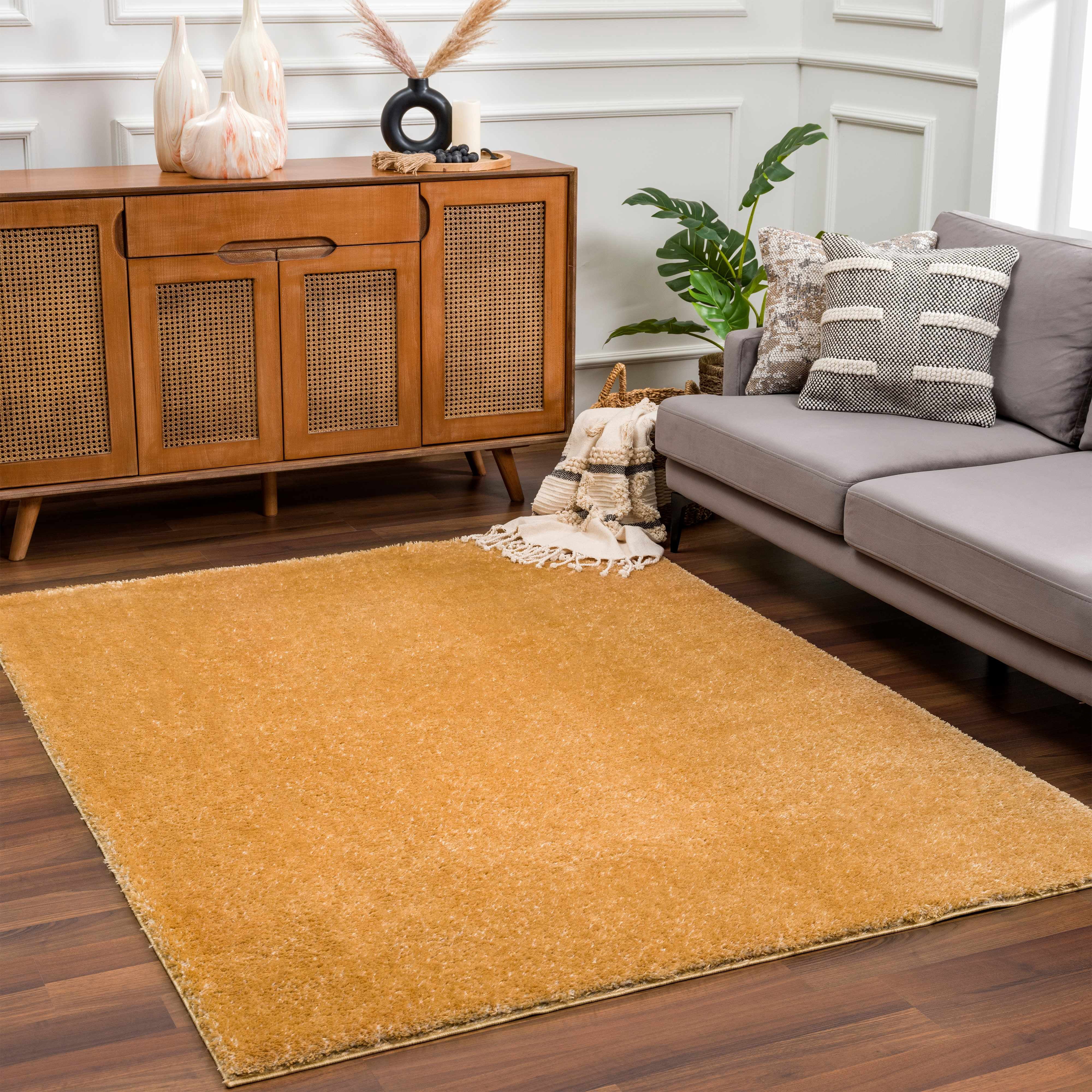 Hauteloom Heavenly Solid Shag Area Rug for Living Room Bedroom - High Pile Fluffy Carpet - Soft Shaggy Cozy Plush Rug - Gold, Mustard, Brown - 5'3" x 7'
