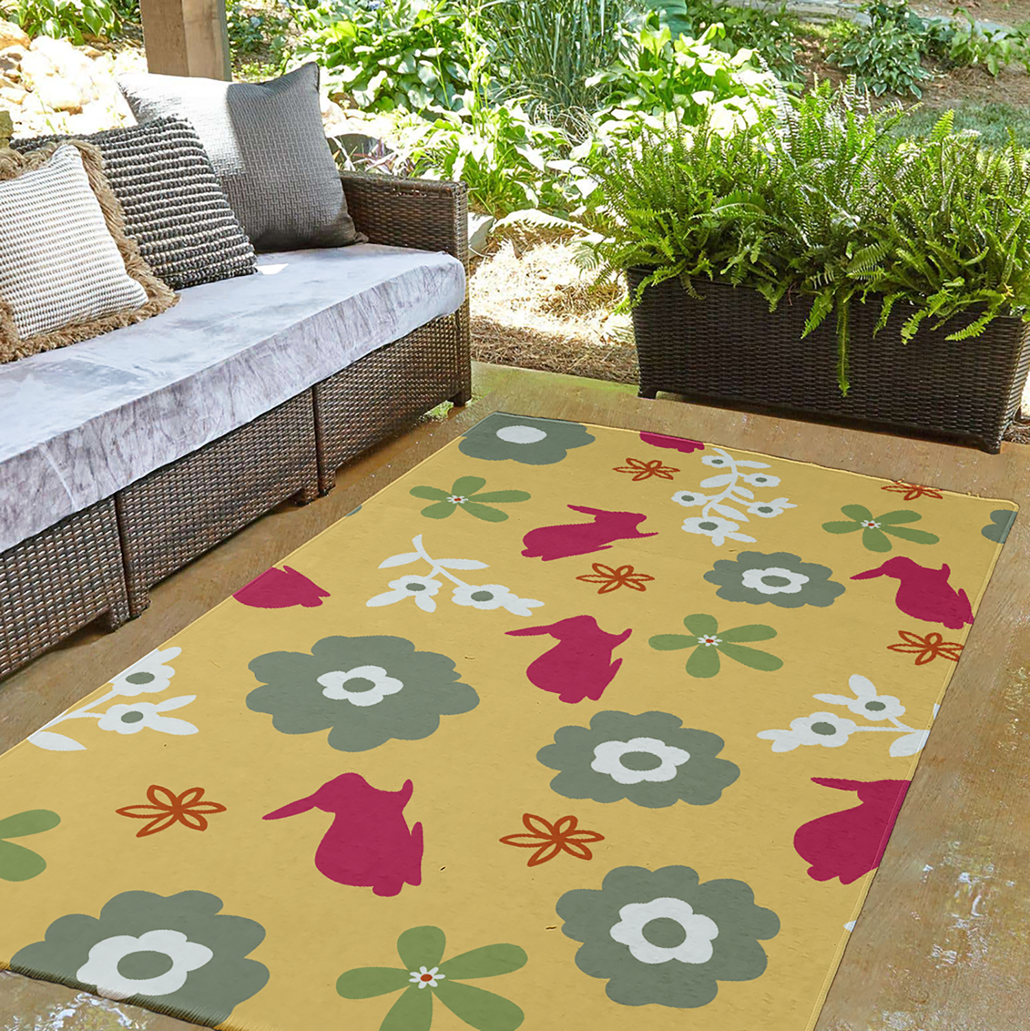 3' x 5' Simply Daisy Flowery Love with Bunnies Traditional Chenille Area Rug, Daffodil Yellow-Pink