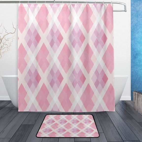 TTYFWHD 60" x 72" Shower Curtain and Bath Mat Set Pink Purple Argyle Plaid Waterproof Bathroom Curtain with 12 Hooks, Bathroom Decor Set