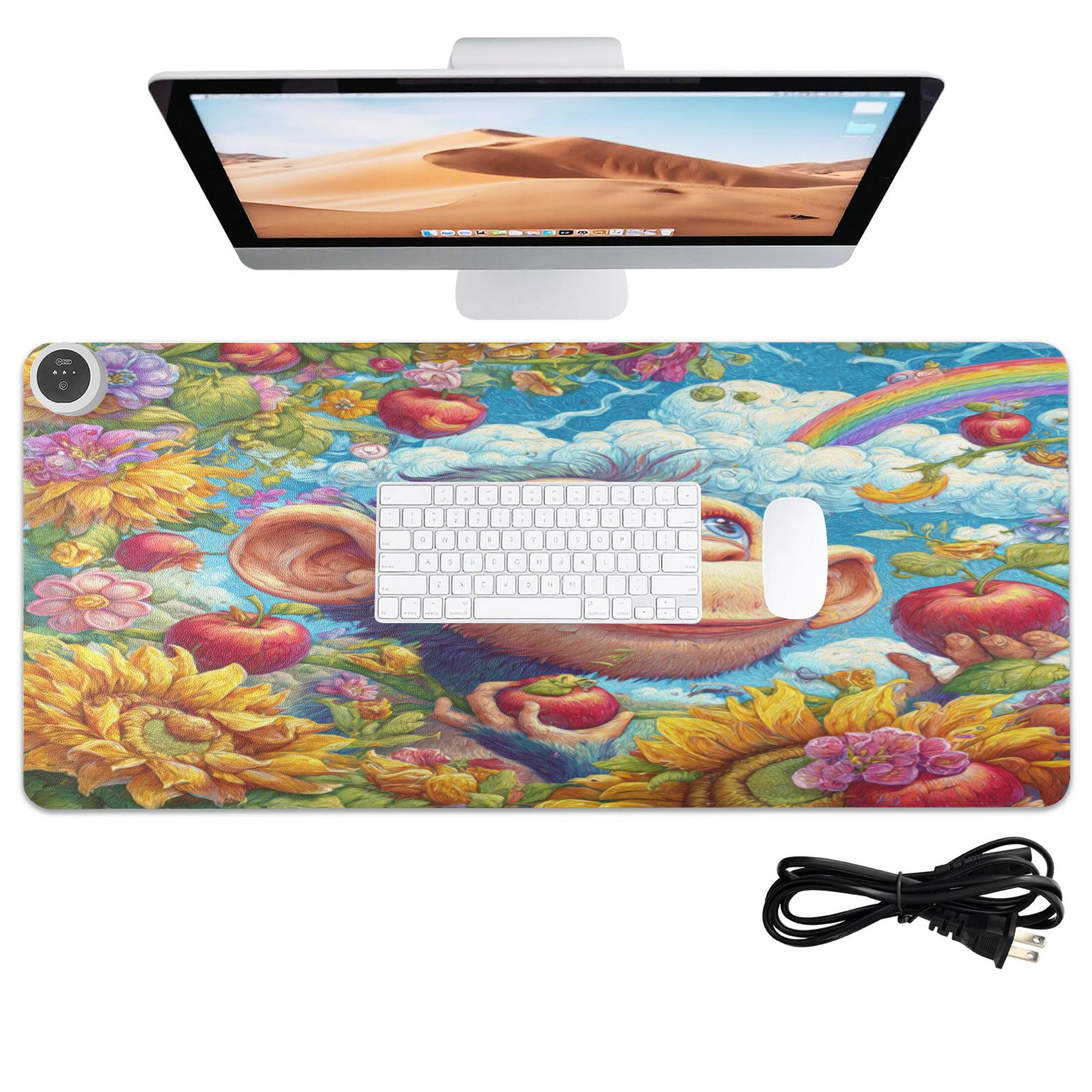 Large Heated Desk Mat Mouse Pad 31.5"x13"PU Leather Graphene Heating Desk Warmer with 3 Temperature Settings 110V US Plug Non-Slip Warm Pad for Home, Office, and Gaming Blue Monkey in The Garden