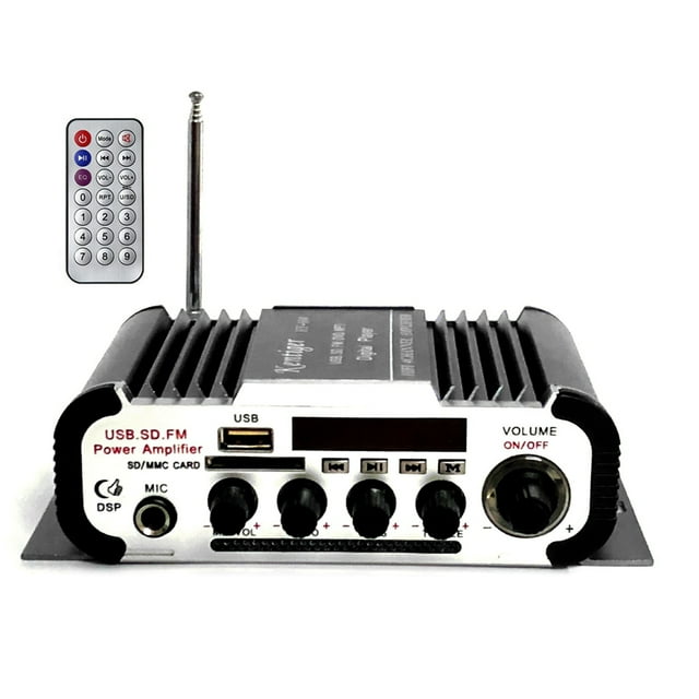 Amplificador de coche Bluetooth 4 canales HY604 con entrada para micrófono - Carcasa negra mate de aleación de aluminio - Potencia 41W x 4 - Control de graves y agudos - Compatible con MP3/MP4 -