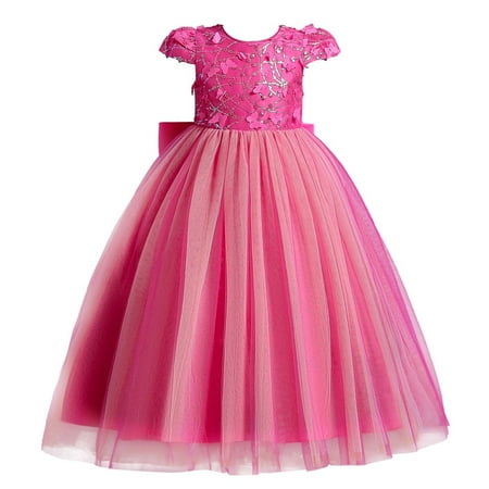 

HAPIMO Girls s Party Gown Birthday Dress Solid Bowknot Relaxed Comfy Cute Short Sleeve Princess Dress Lovely Holiday Round Neck Mesh Ruffle Hem Hot Pink 6-7 Years