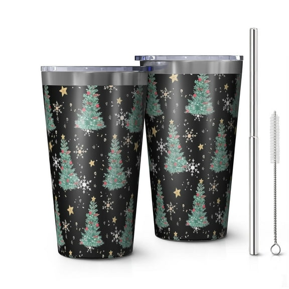 16oz Tumblers Black Christmas Tree Pattern Stainless Steel Vacuum Insulated Double Wall Travel Tumbler Cups Mug with Lid and Straw,Cleaning Brush for Coffee,Tea