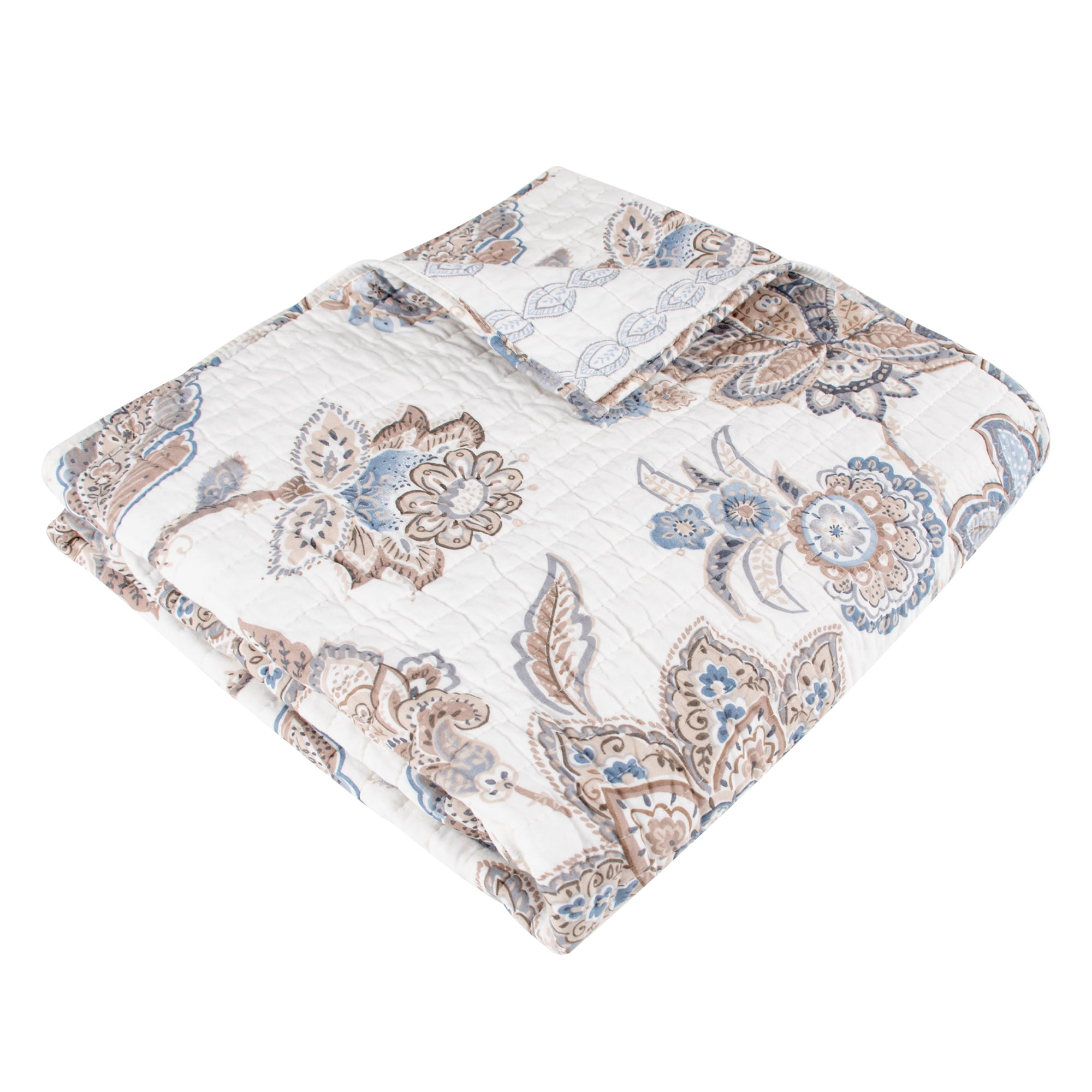 Levtex Home - Selesta Blue - Throw - Floral - Blue Taupe Grey - Quilt (50x60in.) and Sham 50x60in. - Cotton