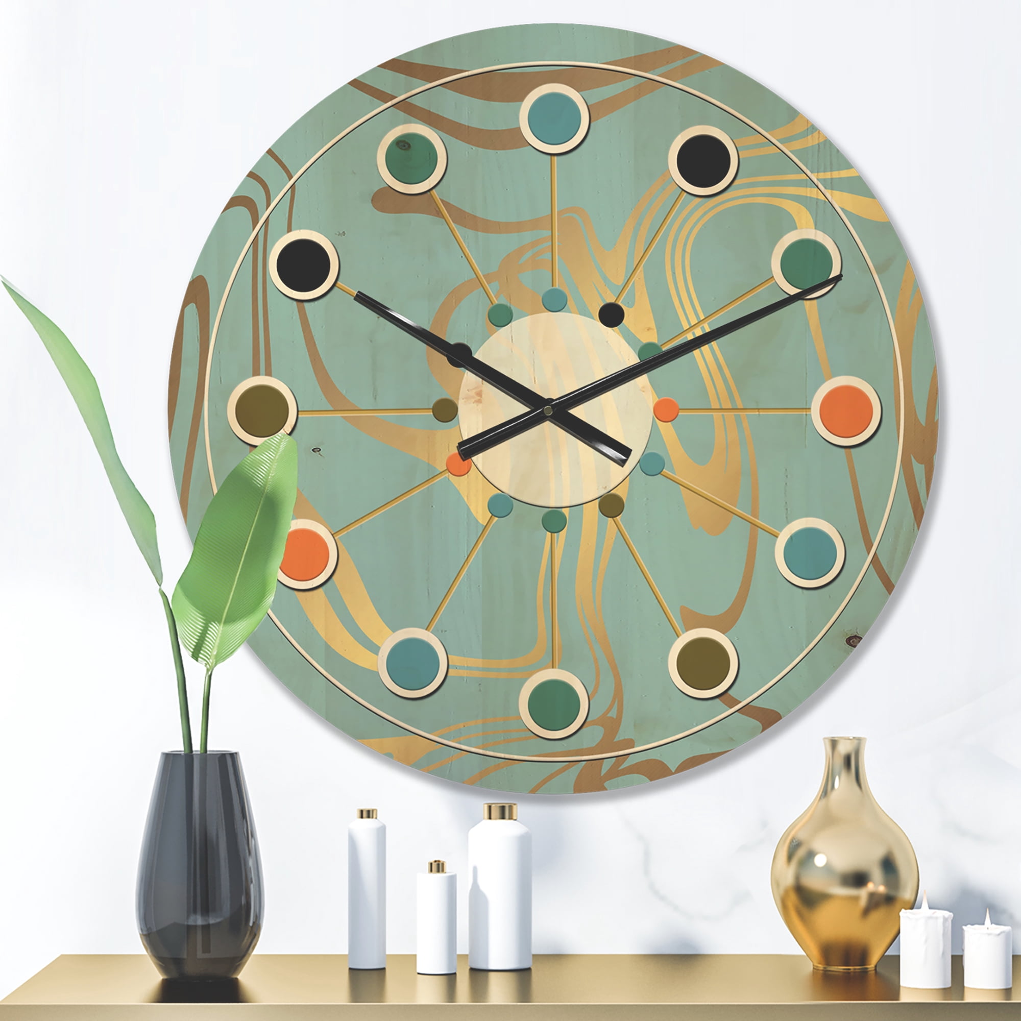 Designart 'Golden Colored Marble Design I' Mid-Century Modern Wood Wall Clock