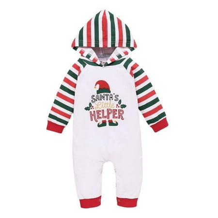 

Newborn Baby Boys Girls Christmas Outfits Hooded Romper Santa Claus Pattern Long Sleeve Striped Jumpsuit Infant One-piece Clothes 0-18M