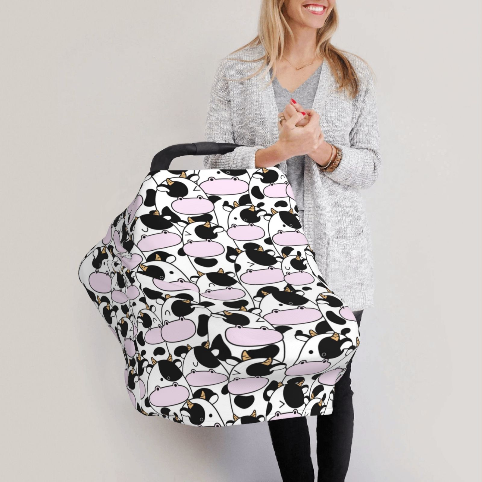 Fotbe Cute Animal with Cow Pattern Car Seat Covers for Babies, Nursing Breastfeeding Cover Infant Carseat Canopy, Soft Stretchy Carrier Cover