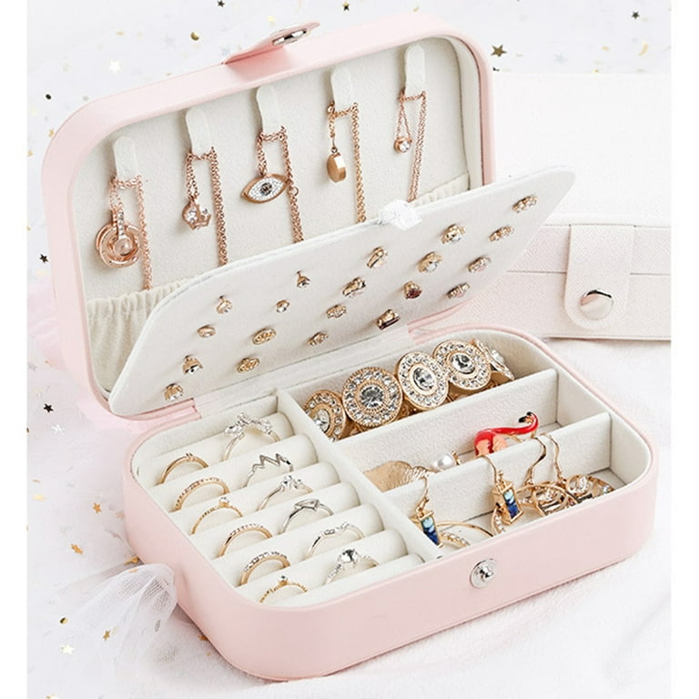 Double Layer Portable Mini Travel Jewelry Box, PU Leather Small Jewelry  Organizer for for Stud Earrings, Rings, Necklaces, Bracelets (White)