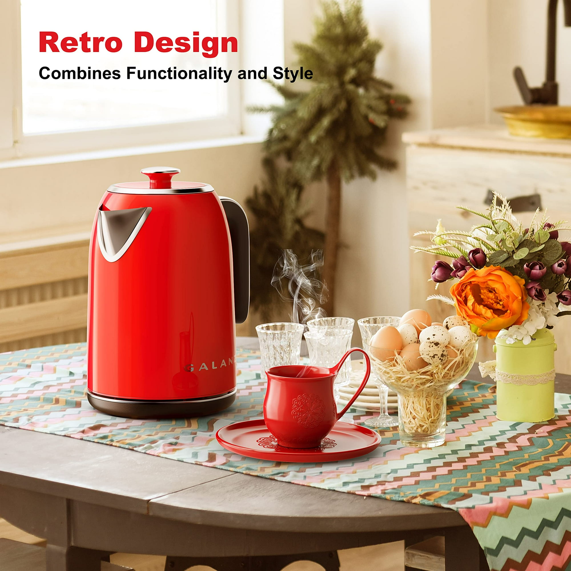 Galanz Retro Electric Kettle with Heat Resistant Handle and Cordless Pour Quick Hot Water Boil Boil Dry Protection Automatic Shut Off 1.7 L Red Walmart