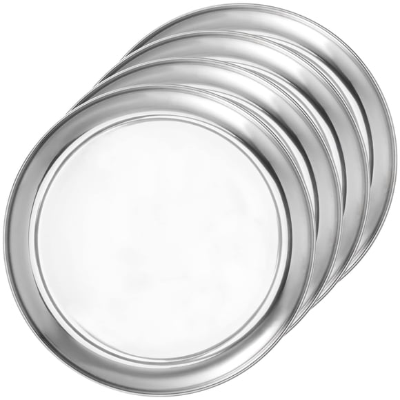 JOIKIT 4 Pack 10 Inch Silver Stainless Steel Plate, Round Metal Dinner Plates, Kitchenware Dinner Dishes Serving Tray Large Camping Plates for BBQ, Snack, Food Serving, Dishwasher Safe