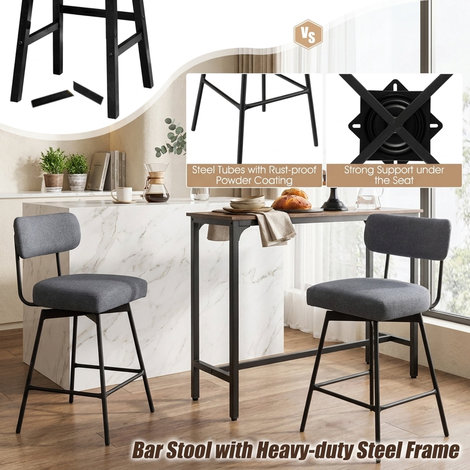 Furnibear Set of 2 Modern Upholstered Bar Stools 25 Inch with Back and Footrests in Gray