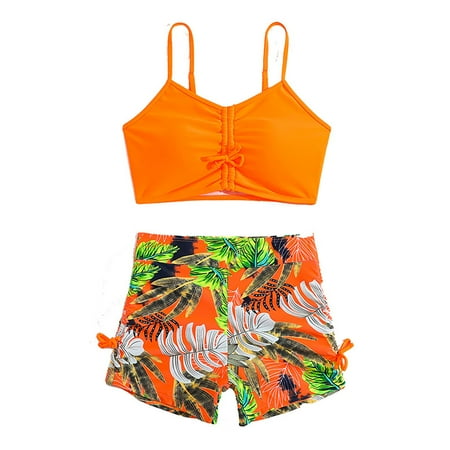 WOYY Big Girls Swimsuit Tropical Print Bikini Top with Boyshorts Hawaii Bathing Suit