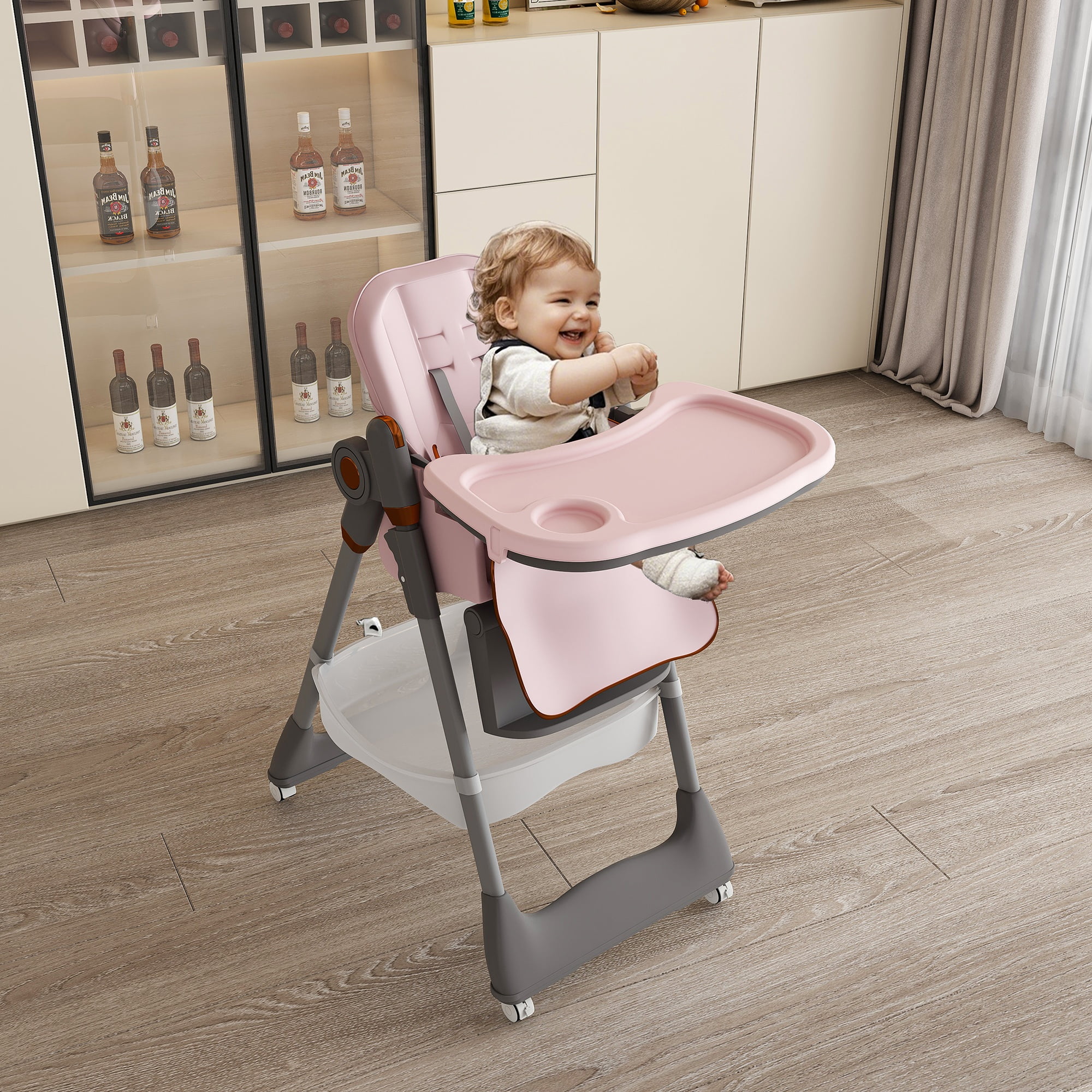 Foldable Baby High Chair, Adjustable Infant Feeding Chair with Tray, Wheels & Safety Harness, 6 Months–6 Years