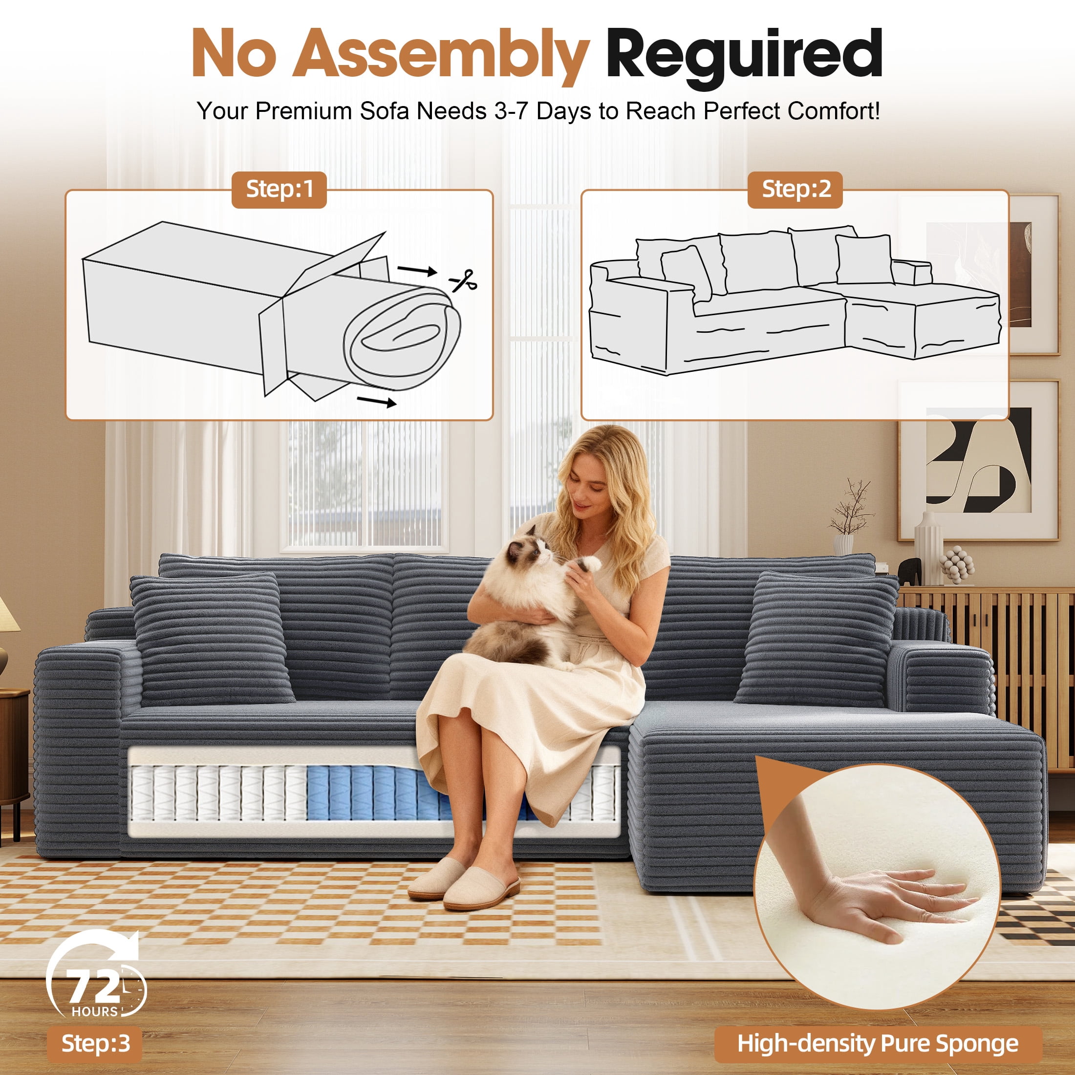 Aukfa Modular Sectional Sofa with Chaise, 95" Boneless Cloud Couch for Living Room, Gray