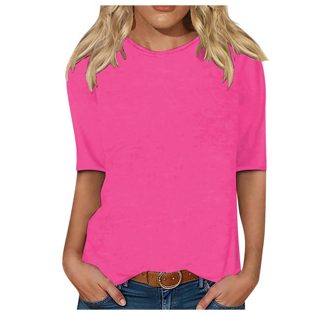T-shirt pour Femmes Col Rond Manches 3/4 Blouse Imprimée Confortable Hauts Femmes Tendance Rose Vif P