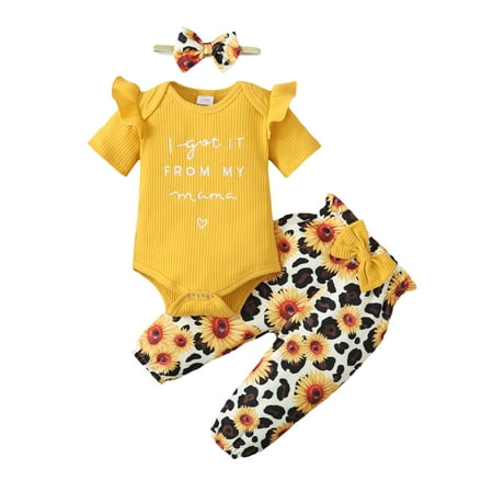 

Kucnuzki 0 Months Baby Girl Summer Outfits Pants Sets 12 Months Short Sleeve Florish Font Prints Pit Stripe Romper Elastic Stylish Leopards Pants Headband 3PCS Set Yellow