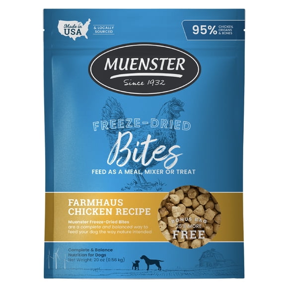 Muenster Chicken Bites Freeze-Dried Dog Food, for All Life Stages, use as a Meal, Meal Topper or Training Treat, 20 oz Pouch