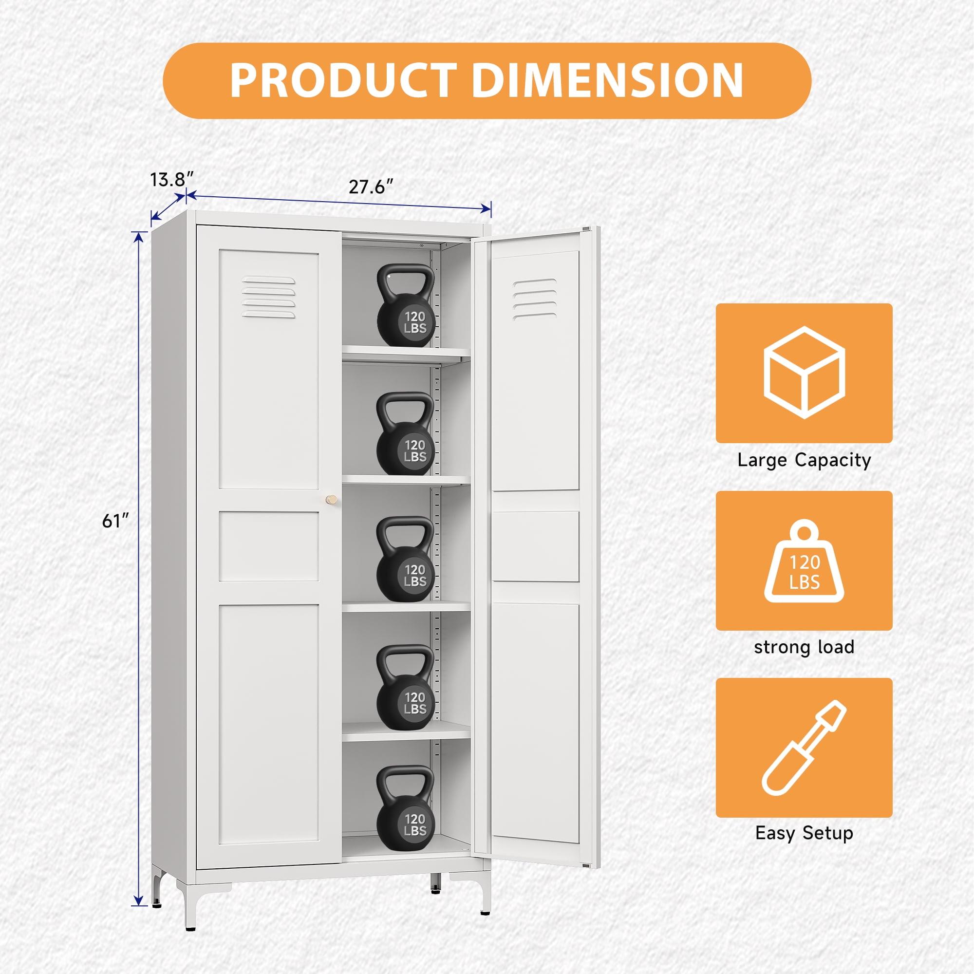STANI Freestanding Storage Cabinet with 4 Adjustable Shelves and Legs, Metal/Alloy Steel, for Cupboard/Dining Room/Bathroom/Living Room/Office/Laundry Room (White, 61"H)