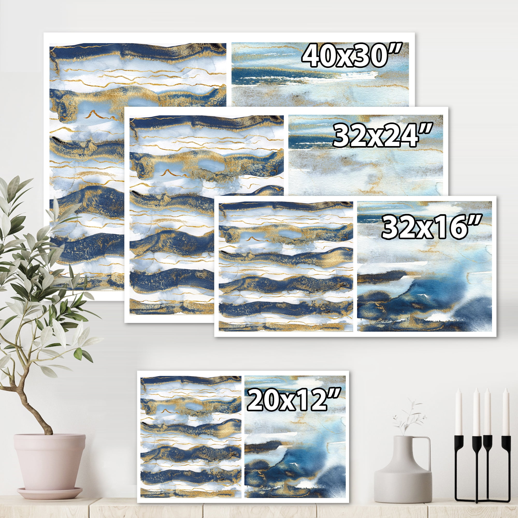 Designart ' Gold and Dark Blue Abstract Waves II ' Modern Canvas Wall Art Print