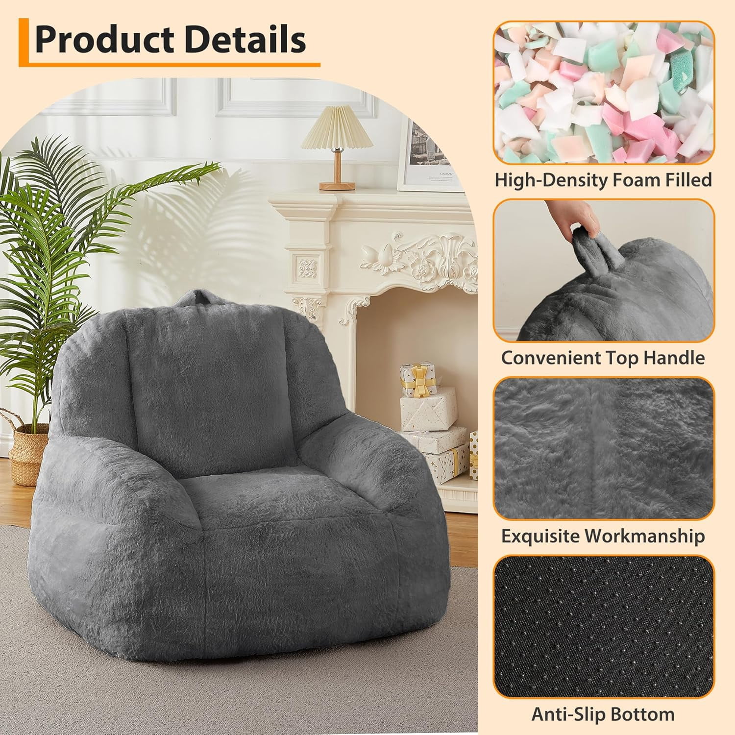 Bean Bag Chairs for or Adults Teens, Large Bean Bag Sofa Chairs with Filling for Basement, Living Room, Game Room, Dark Gray