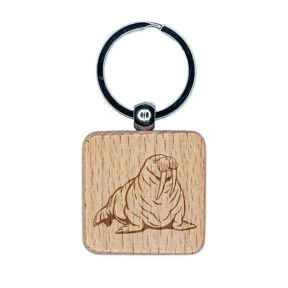 Chubby Pacific Walrus Square Keychain Charm Tag - Engraved Wood
