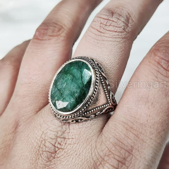 Emerald Corundum Mans Ring, Natural Emerald Corundum, May Birth Ring, Silver Jewelry, 925 Silver Ring, Gift, Heavy Mens Ring, Arabic Design, Ottoman Style Ring, Christmas, Turkey Mens Signet Ring