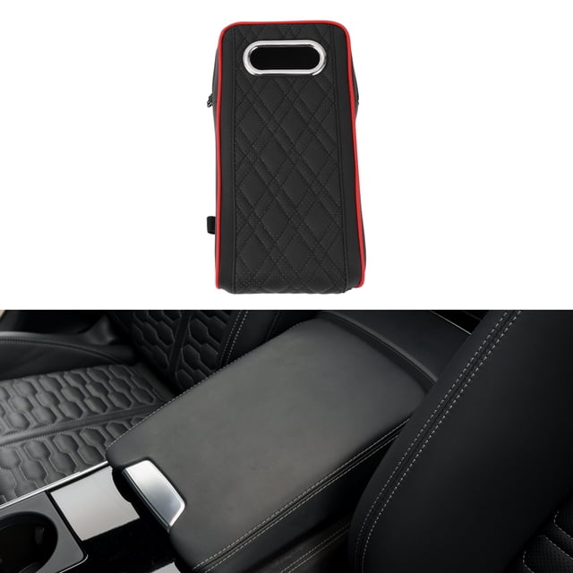 Funda de consola central de automóvil Unique Bargains, funda para reposabrazos con caja de pañ tissues 13.39"x6.69"x2.36" cuero napa negro y rojo esponja