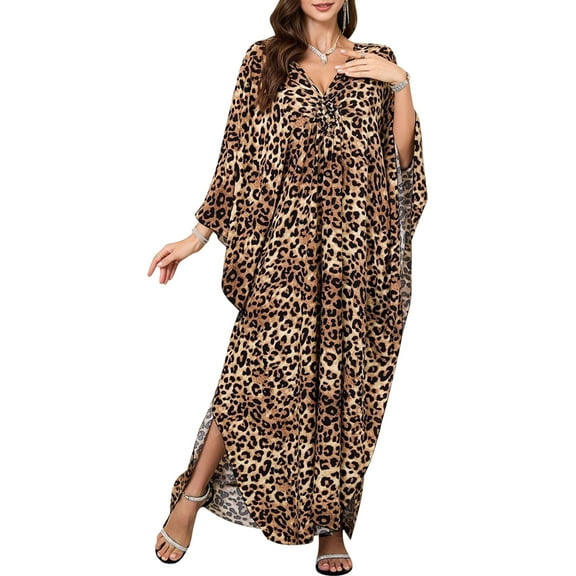 Women'S Kaftan Beach Cover Up Dress Plus Size Summer Swimsuit Loungewear Maxi Dress Leopard One Size