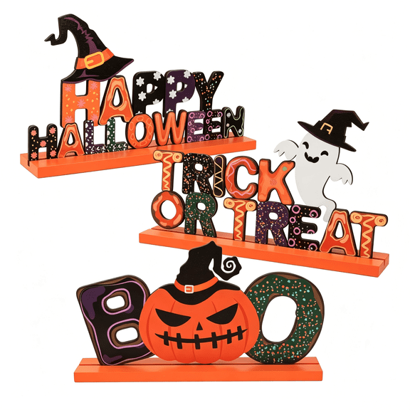 Halloween Tabletop Decoration Indoor Farmhouse BOO Decoration Centerpieces for Halloween-3*10 Inch Wooden Sign with Happy Halloween, Trick or Treat, Boo for Indoor Decoration