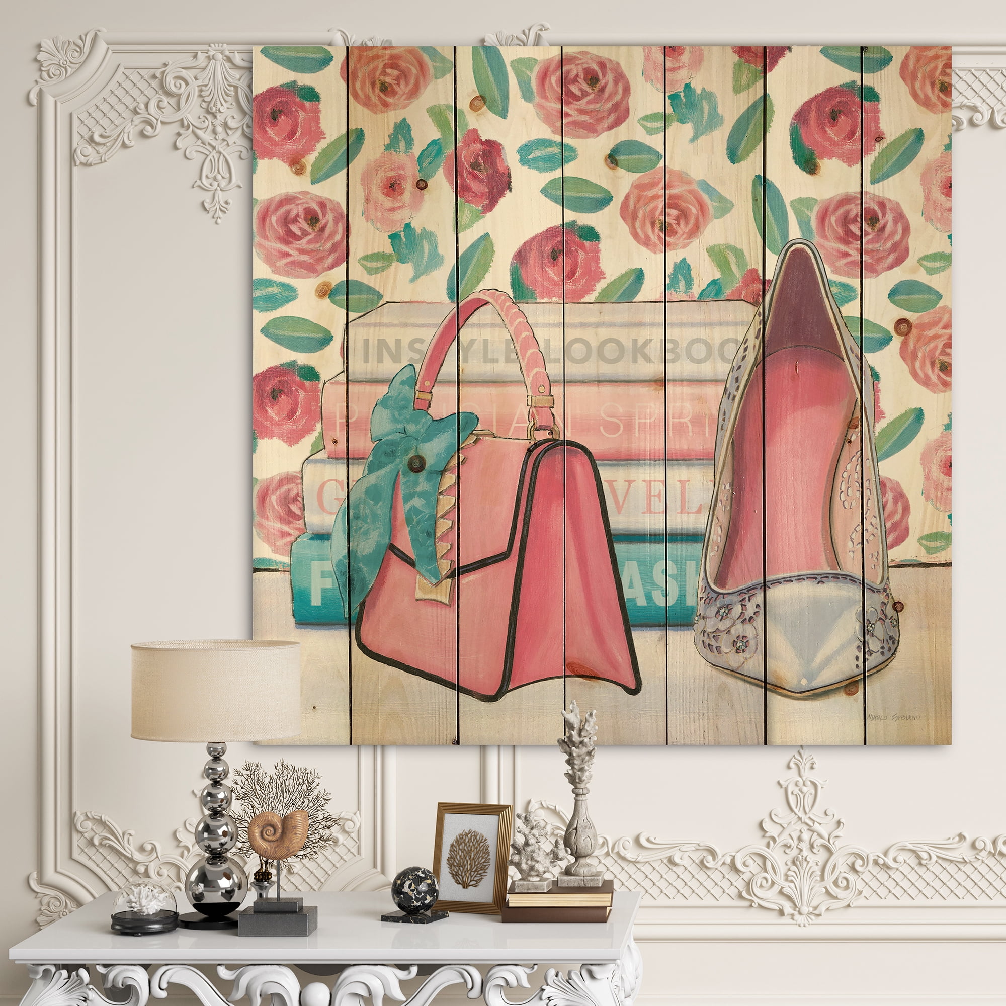 Designart 'Pink Glam and Fashion High Heels I' Posh & Luxe Print on Natural Pine Wood