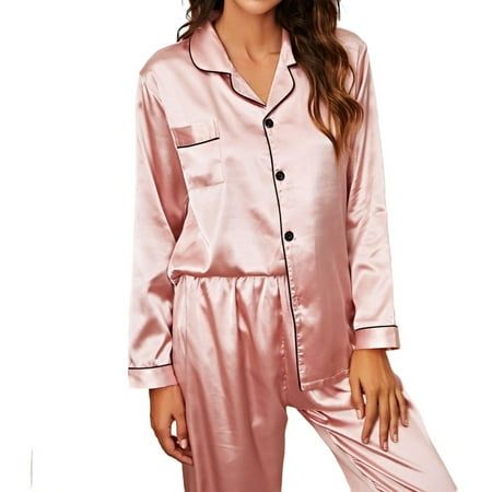 

Womens Pajama Sets Contrast Binding Lapel Sleepwear Dusty Pink XXL