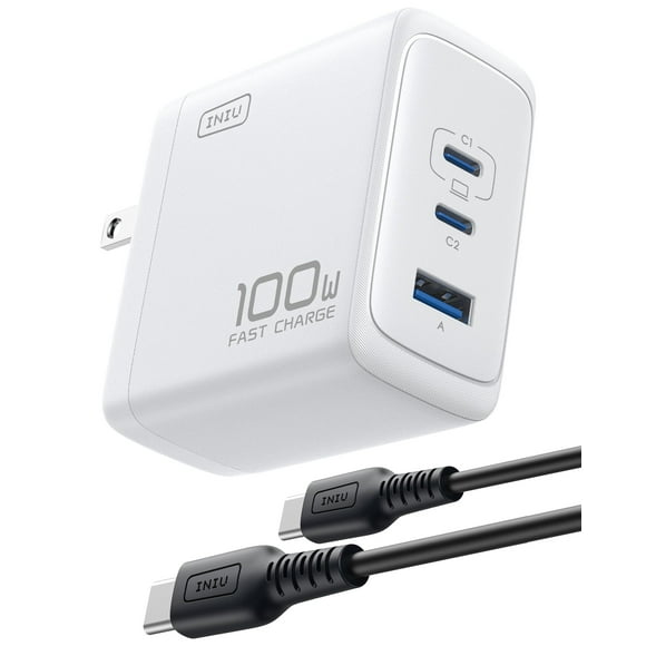 Cargador USB C INIU Cargador GaN de 100 W con 3 puertos para MacBook, color blanco