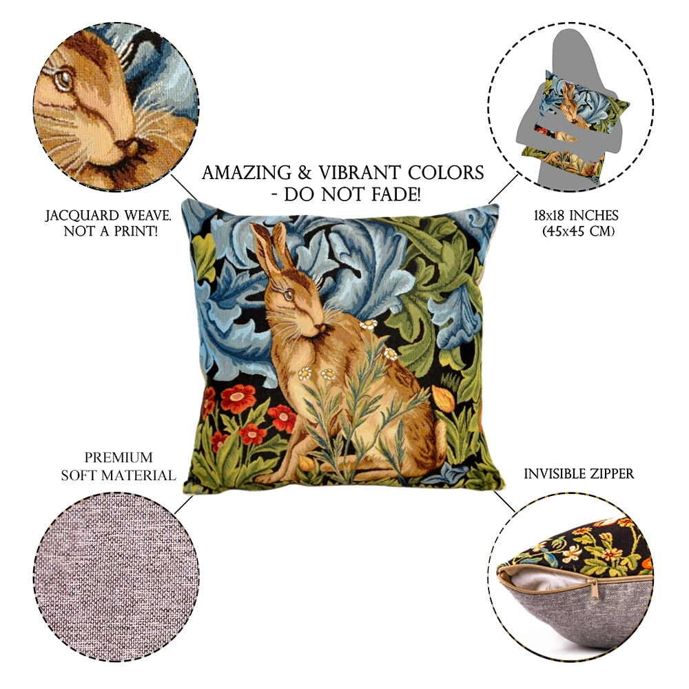 STPgoods Bunny William Morris Tapestry Throw Pillow with Insert 18x18" (45x45 cm) Decorative Couch and Sofa Cushion for Living Room Bedroom Square Pillowcase