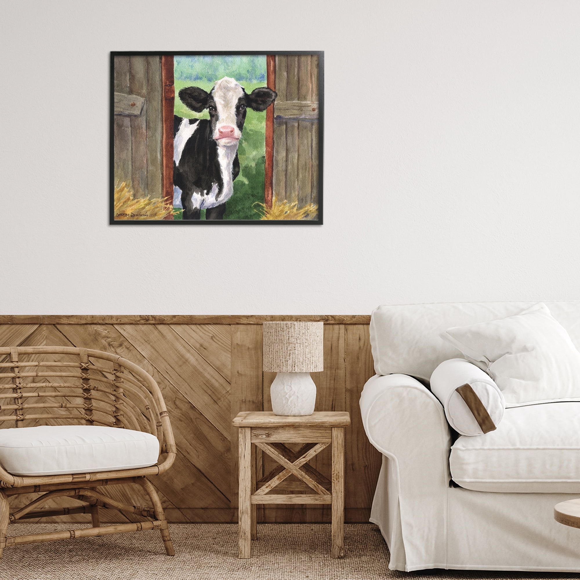 Stupell Industries Cow in Wooden Gate Black Framed Giclee Art, design by George Dyachenko
