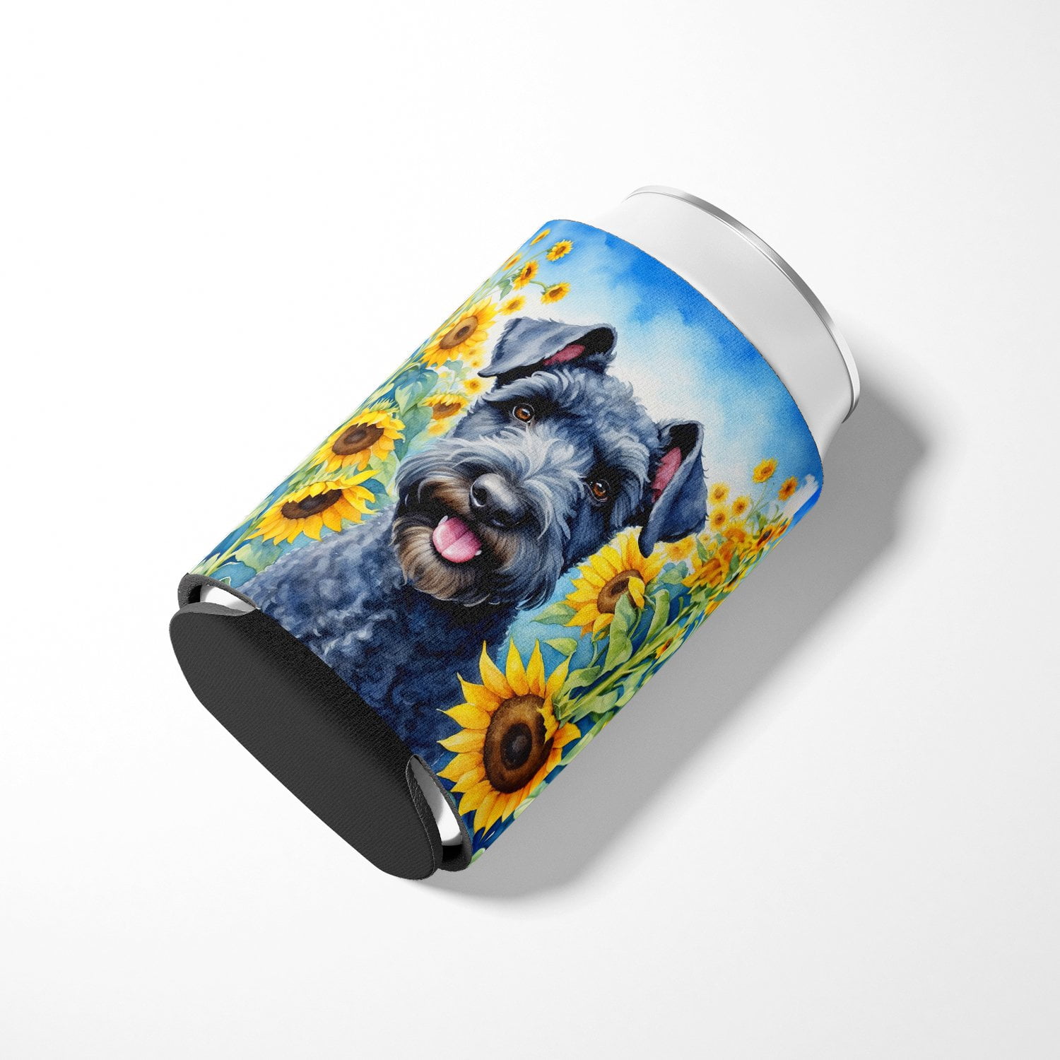 Kerry Blue Terrier in Sunflowers Can or Bottle Hugger 3 in x 5 in