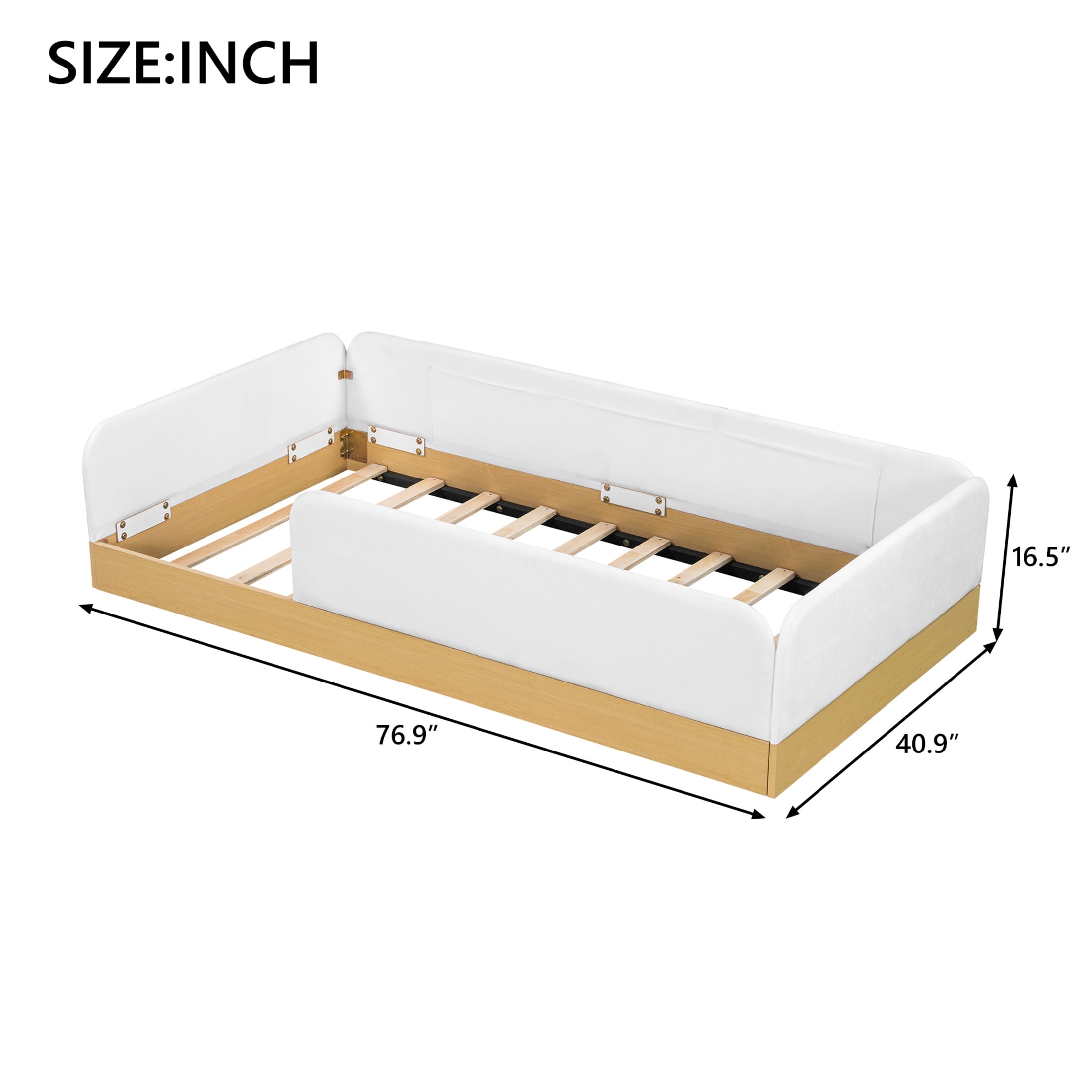 Noble House Twin Size Velvet Upholstered Platform Bed with Safety Guardrail and 3 Storage Bags, Kid Bed Frame, Natural