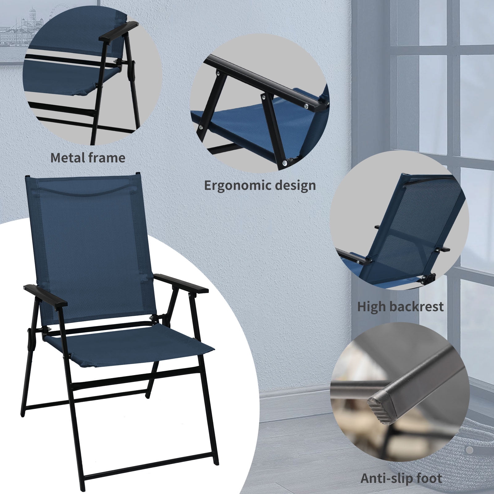 SHGJ&SOFT Set of 2 Folding Chairs，Outdoor Patio Chair with Armrests for Porch Camping Pool Beach Deck Lawn Garden (Blue, 2 PC)