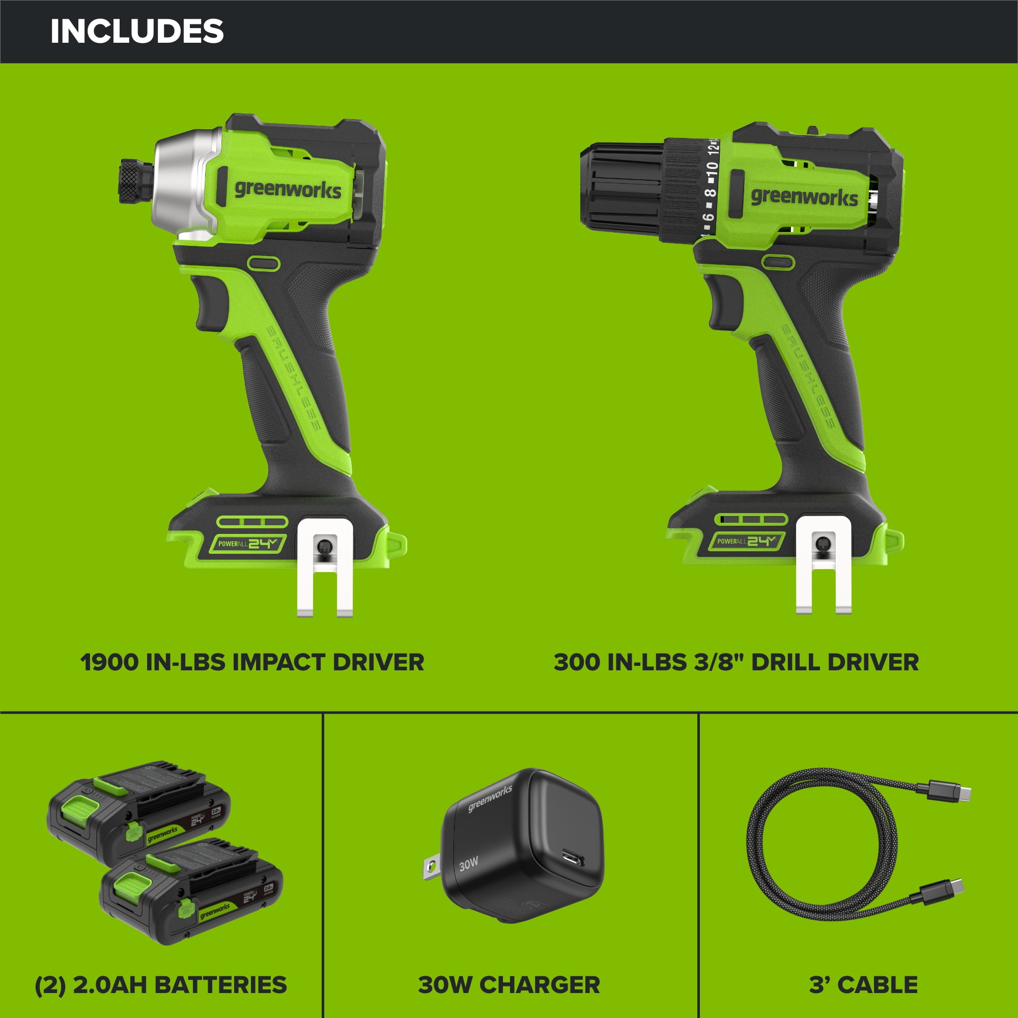Greenworks 24V 2Pc Power Tool Combo Kit with Drill and Impact Driver, Included 10Pc Drill Bit and Double Sided Impact Bit Sets, CK326A2