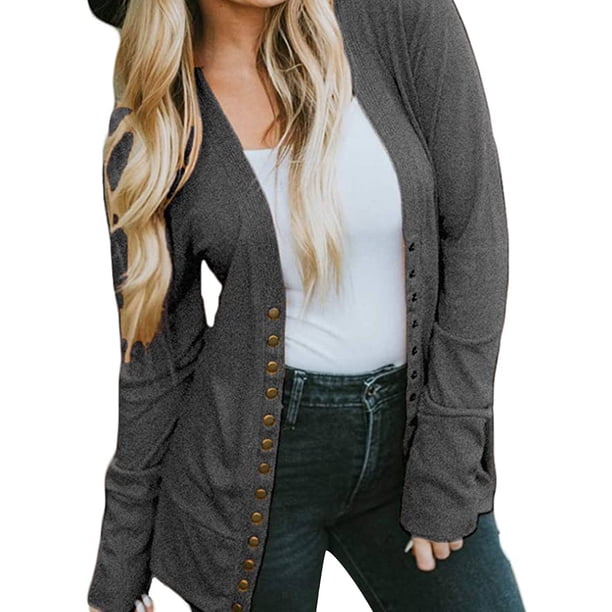 Sonducket Blusa con botones a presión para mujer, cárdigan con escote en V abierto en la parte delantera, ropa informal de Color sólido, Tops Prendas para la parte del cuerpo Gris M