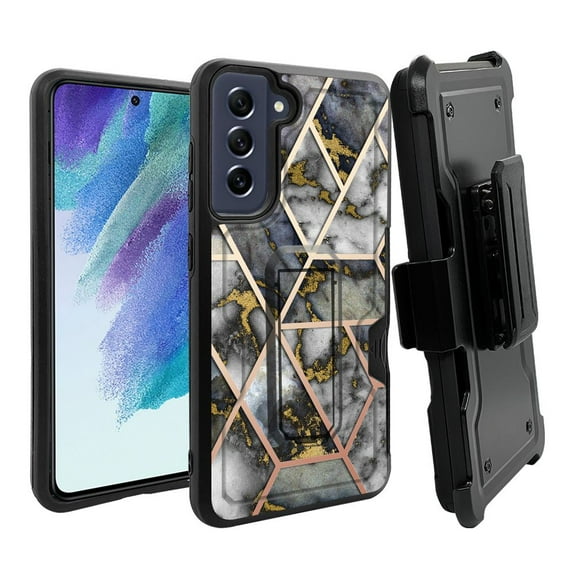 ANJ  Rugged Dual Layer Hybrid Holster Kickstand Case w/ Card Slot   Tempered Glass Cover for Samsung Galaxy S21 FE 5G - Nordic Black Marble