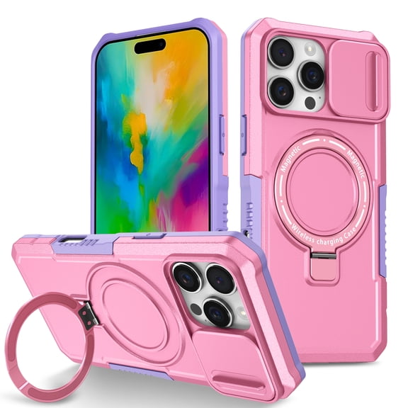 Dteck Magnetic Case for iPhone 16 Pro,Shockproof Silicone Case Compatible with MagSafe Slide Lens Protectio Ring Holder Kickstand Cover for iPhone 16 Pro,Pink