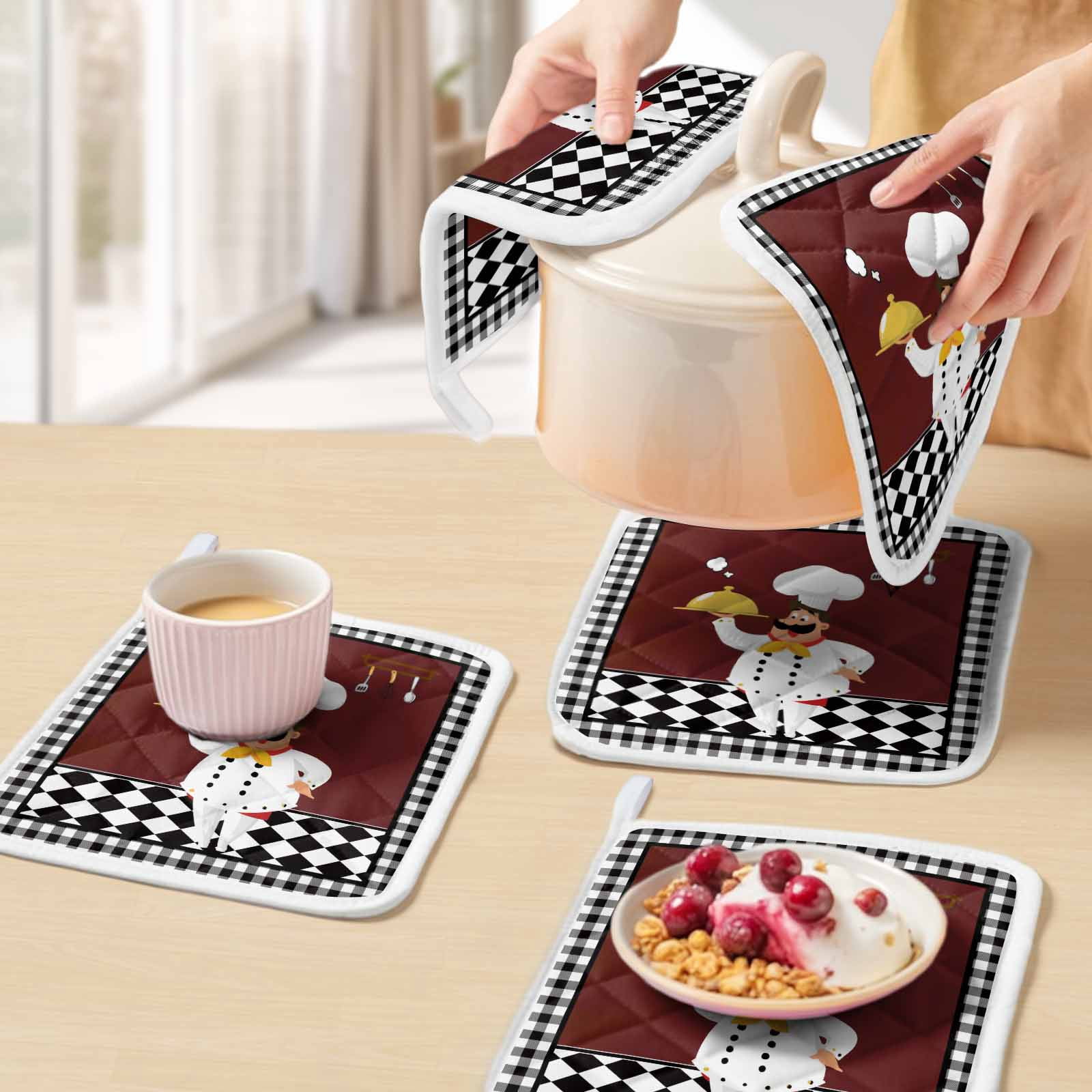 Red Kitchen Chef Pot Holders for Kitchen Heatproof Potholder, 3 Pack Black Plaid Gourmet Food Vintage Hot Pads Multipurpose Oven Pads Cloth Potholders Trivet for Cooking Baking