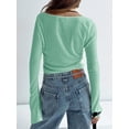 thumbnail image 3 of Women's Bell Sleeve Tie Front Scoop Neck Long Sleeve Blouses Knit Crop Tops, 3 of 5