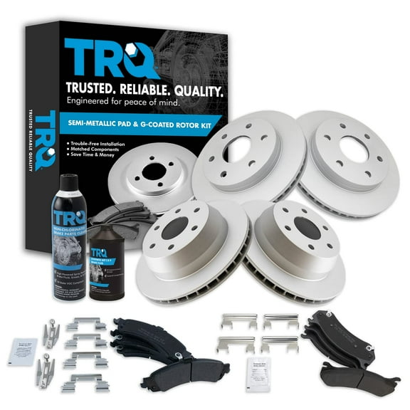 TRQ Metallic Brake Pad & Coated Rotor Front Rear w/Fluids for Cadillac Chevy BKA23289 Fits select: 2002-2007 CHEVROLET SILVERADO, 2000-2006 CHEVROLET TAHOE