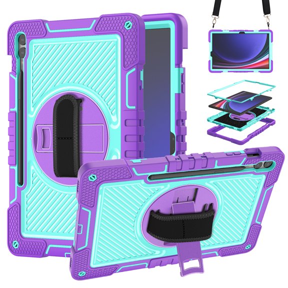 SaniMore for Samsung Galaxy Tab S9 Plus/S9 FE Kids Case, Multi-Layer Case with Handle Crossbody Strap & 360° Rotatable Kickstand Shockproof Protective Case for Boys Girls, Purple Mint